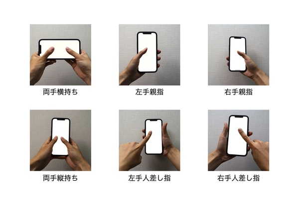 写真2：6種類の典型的なスマートフォンの「把持姿勢」を対象に実験を実施した（出典：ヤフー、慶應義塾大学、東京工科大学）