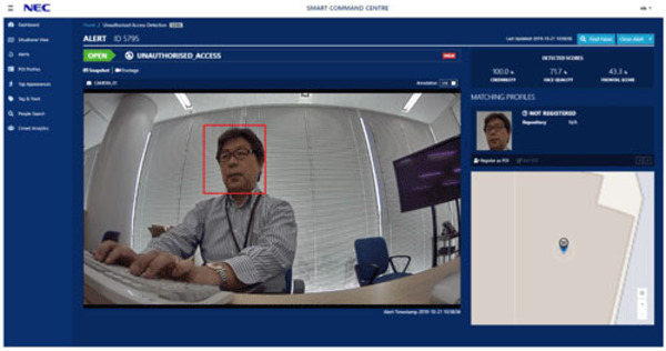 画面1：サーバー室での作業者の顔認証デモの様子（出典：国立研究開発法人情報通信研究機構とNEC）