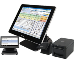 写真1●WindowsPOSレジアプリ「BCPOS」の画面とPOSシステムの外観