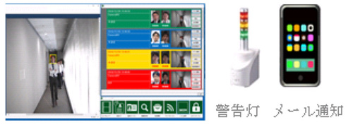 画面1:検知対象者を検知した際は、ディスプレイ上で通知する。警告灯(パトランプ)による通知やメール通知もできる(出典:セコム)