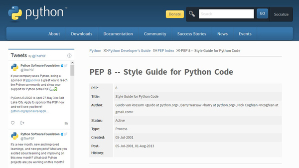 画面1：Pythonコードの作法をまとめたガイド「PEP 8 -- Style Guide for Python Code」を掲載しているWeb画面（出典：Python Software Foundation）