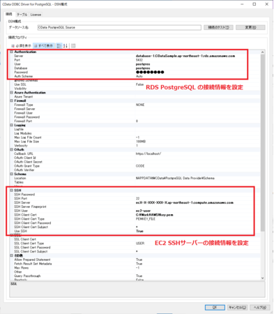 画面1：ODBC接続の場合、DSN設定画面のプロパティにSSHサーバーに接続するためのプロパティを入力するだけでクラウド上のデータベースにアクセスできるようになる（出典：CData Software Japan）