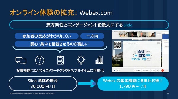 図3：Web会議システム「Webex」に質問/投票システム「Slido」を統合した。WebexのライセンスでSlidoの機能を利用できる（出典：シスコシステムズ）