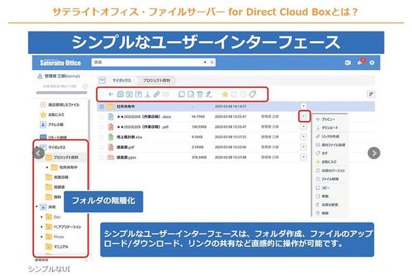 画面1：サテライトオフィス・ファイルサーバー for Direct Cloud Boxの画面（出典：サテライトオフィス）