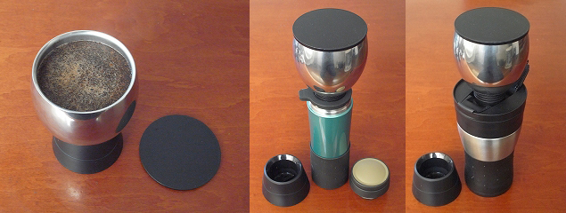 写真2　コーヒー豆を入れたドリッパーにお湯を注ぎしばし蒸らす（左）。小型ボトルの場合は、インフューサーと呼ぶ専用台座の上に載せると栓が押し開かれコーヒーが流れ落ちる。大型ボトルはキャップ部がインフューサーの役割を兼ねる構造に
