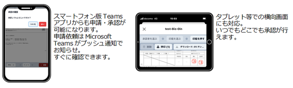 画面1：電子印鑑アプリ「Biz-Oin」の新機能として、スマートフォン版Teamsアプリから申請・承認・押印できるようになった（出典：鈴与シンワート）