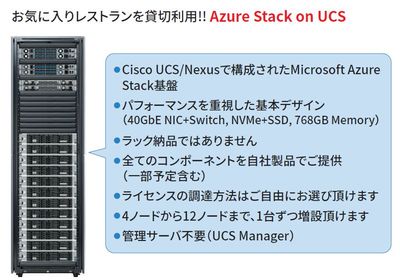 シスコシステムが提供するAzure Stack基盤「Azure Stack on UCS」。40GbEの広帯域ネットワークを標準装備し、既存ラックシステムに収容、4ノードからのスモールスタートが可能。ノード増設時には、電源・ネットワーク結線以降はすべてリモートからUCS Managerで設定構築が可能だ。