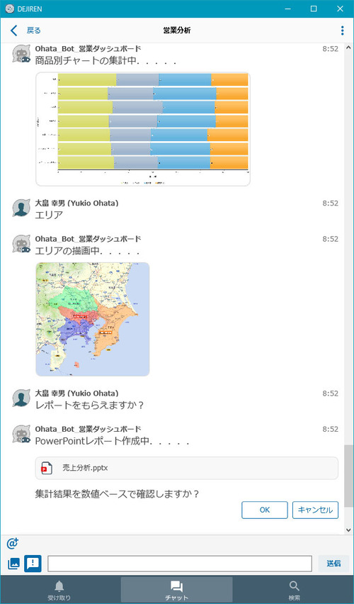 画面1：DEJIRENの利用画面。チャットボットを介して各種のデータを取得できる。裏ではBIソフトウェアに問い合わせてデータを取得している（出典：ウイングアーク1st）