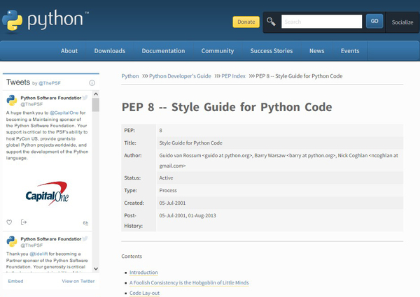 画面1：Pythonコードの作法をまとめたガイド「PEP 8（Style Guide for Python Code）」を掲載しているWeb画面（出典：Python Software Foundation）