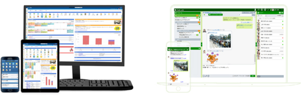 画面1：グループウェア「desknet's NEO」（左）と企業向けチャットソフトウェア「ChatLuck」（右）の画面（出典：ネオジャパン）