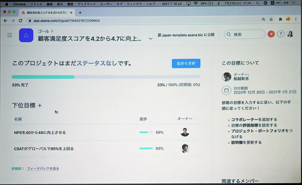 画面1：Asanaの利用画面。ビジネス目標の1つとして「顧客満足度スコアを4.2から4.7に向上させる」ことを設定し、下位目標に分割し、マネージャに割り当てている（出典：Asana Japan）