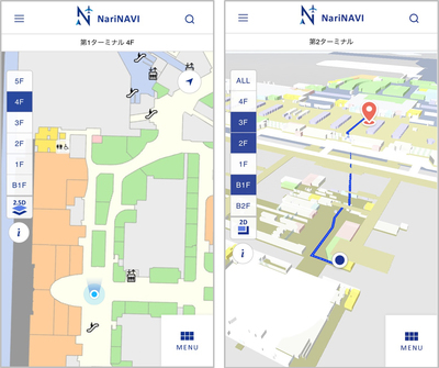 図1：「NariNAVI」現在地表示（左）と2.5D地図の画面イメージ（右）（出典：NTTデータ）