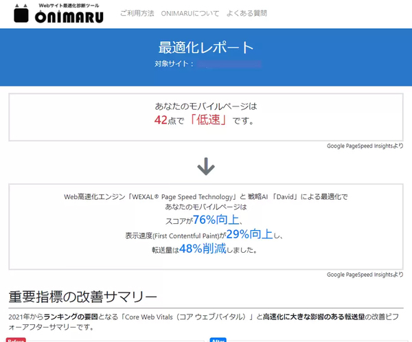 画面1：Webサイト最適化診断ツール『ONIMARU』が生成したレポートの画面。オリジナルサイトと高速化済みサイトのユーザー体感性能を比較したレポートが得られる（出典：プライム・ストラテジー）