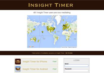 図3：瞑想アプリケーションの１つ「Insight Time」のホームページ。Google Mapの世界地図に同アプリケーションを今、実行している人が表示されている