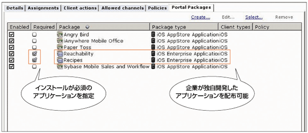 図2　SAPジャパンの「Afaria」の画面例。自社のセキュリティポリシーにあったアプリケーションや独自開発のアプリケーションを、App Storeを経由せずに端末に配信できる