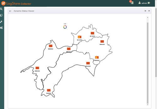 画面3：リアルタイム監視画面の背景に都道府県地図を利用できるようにした。地図上の任意の地点に監視対象機器のアイコンを配置し、ステータスを表示できる（出典：LogStare）