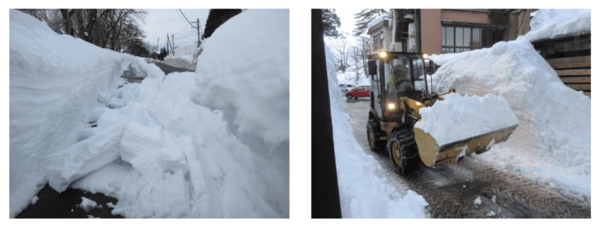 写真1：雪のために通行できなくなった歩道と除雪作業のイメージ（出典：日本工営、グルーヴノーツ）